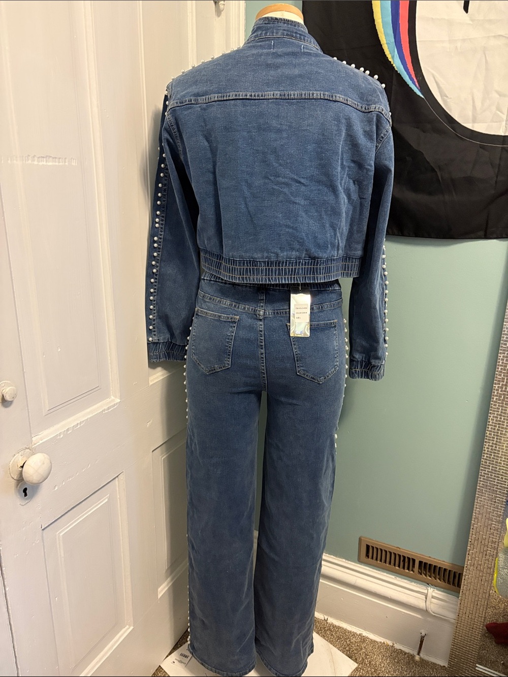 Pearl-Trim Wide Leg Denim Jeans - Blue - Picture 8 of 8